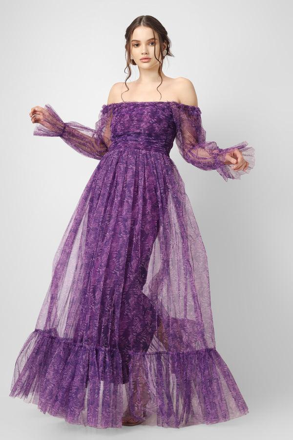 lace & beads Ruth Purple Printed Tulle Dress