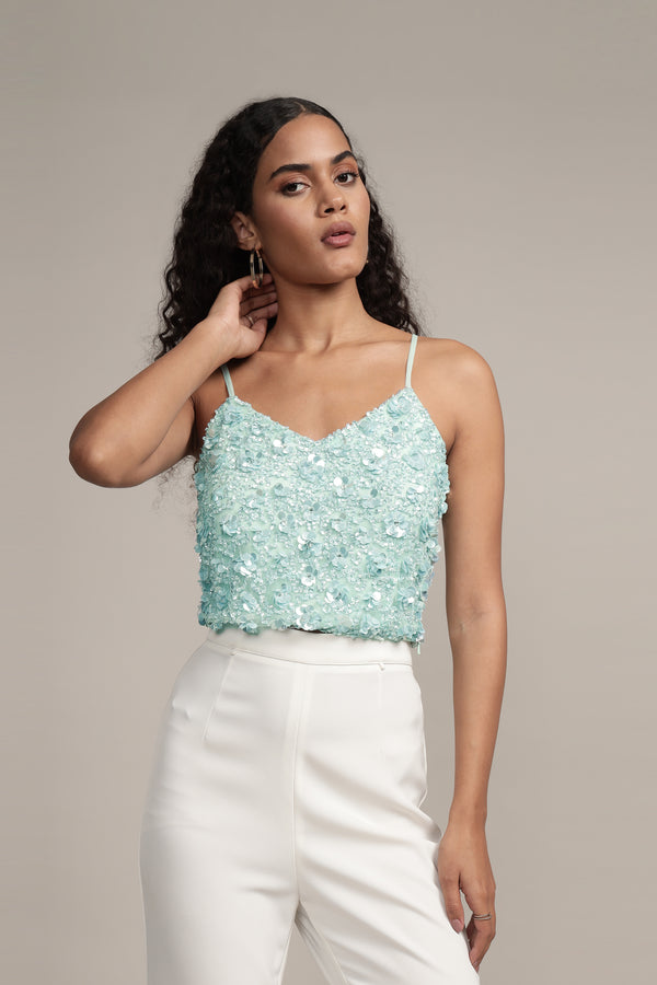 Lace & Beads Sandy Sequin Cami Top In Aqua
