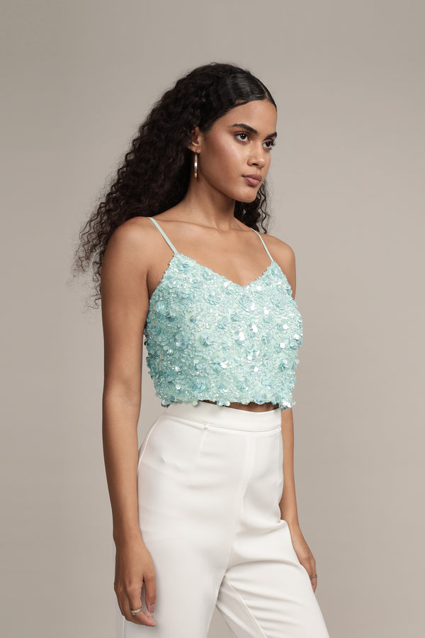 Lace & Beads Sandy Sequin Cami Top In Aqua