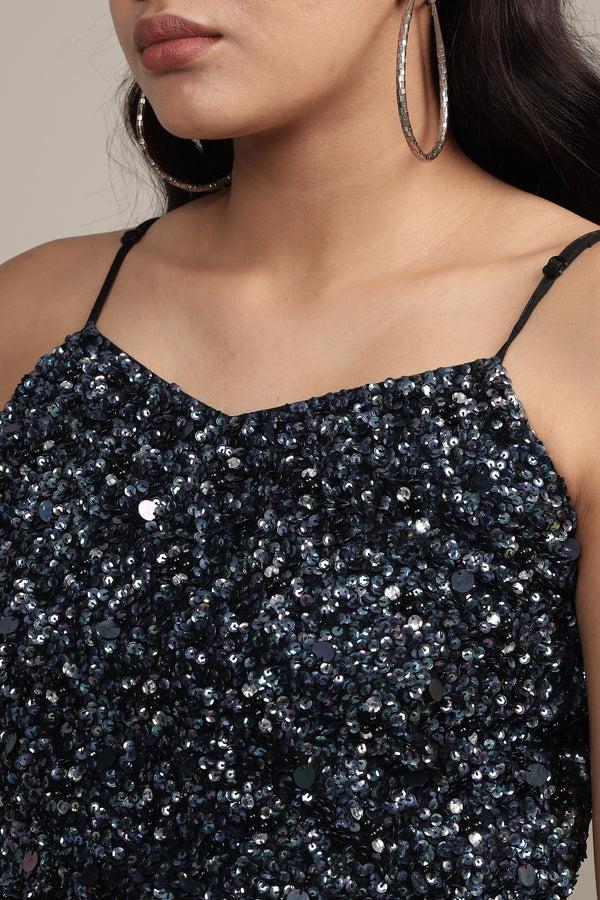 Lace & Beads Sandy Sequin Cami Top In Black