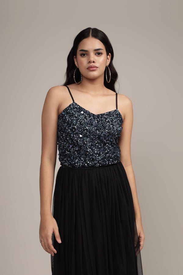 lace & beads Sandy Sequin Cami Top in Black