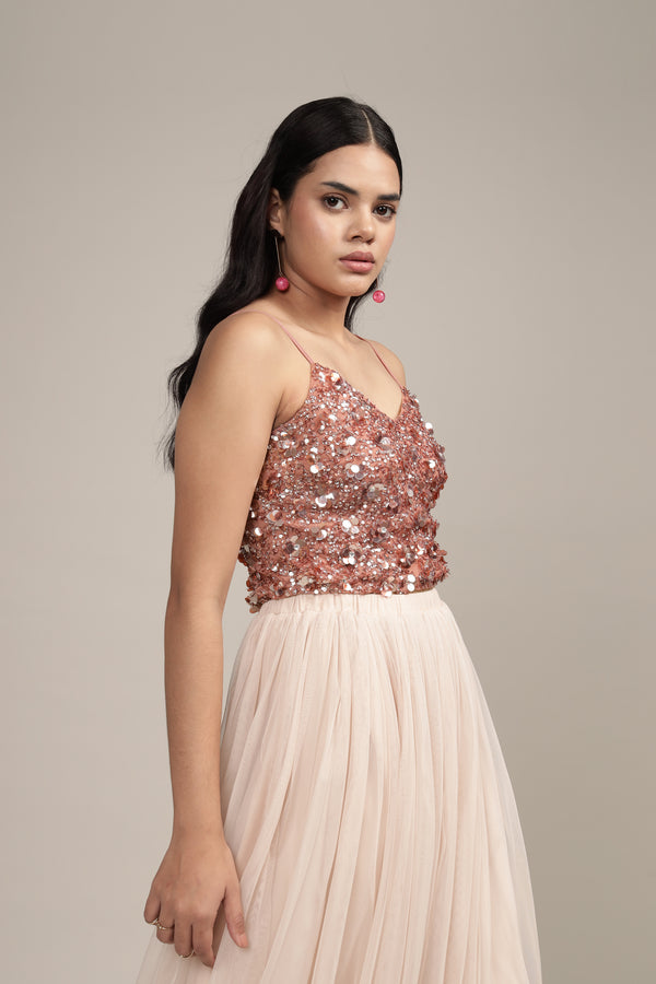 Lace & Beads Sandy Sequin Cami Top In Dusty Pink