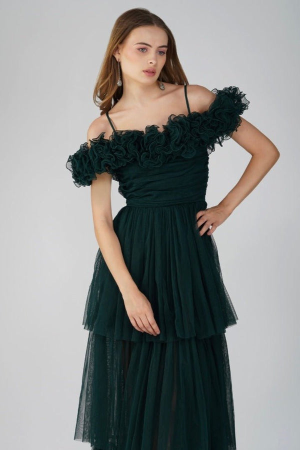 Lace & Beads Sandy Tulle Maxi Dress In Emerald Green
