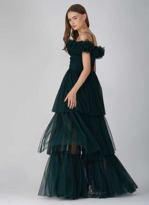 Lace & Beads Sandy Tulle Maxi Dress In Emerald Green