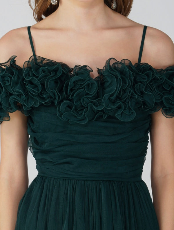 Lace & Beads Sandy Tulle Maxi Dress In Emerald Green