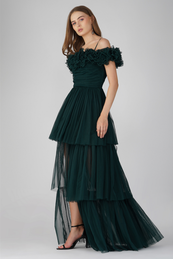 lace & beads Sandy Tulle Maxi Dress in Emerald Green