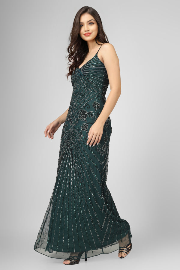 Lace & Beads Sara Emerald Embellished Maxi Dress