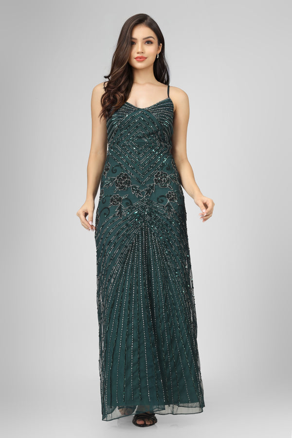 Lace & Beads Sara Emerald Embellished Maxi Dress