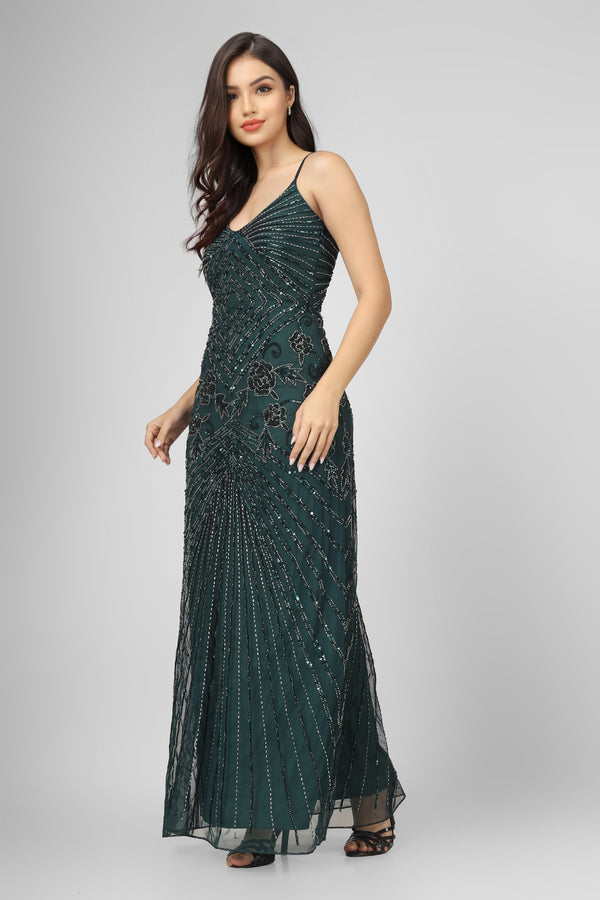Lace & Beads Sara Emerald Embellished Maxi Dress