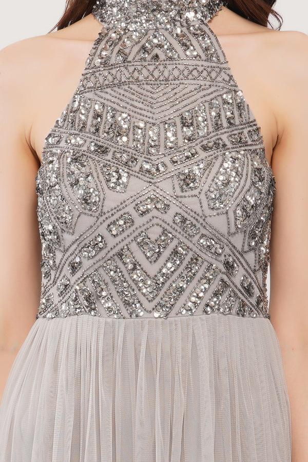 Lace & Beads Sareen Grey Embellished Maxi Dress