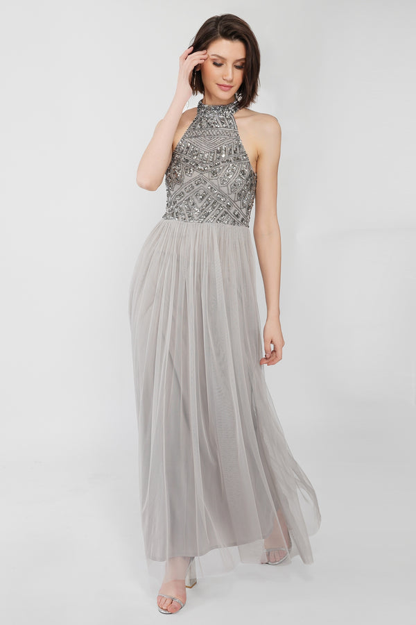 Lace & Beads Sareen Grey Embellished Maxi Dress