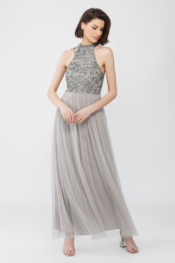 Lace & Beads Sareen Grey Embellished Maxi Dress