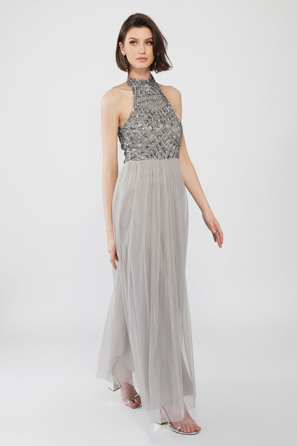 lace & beads Sareen Grey Embellished Maxi Dress