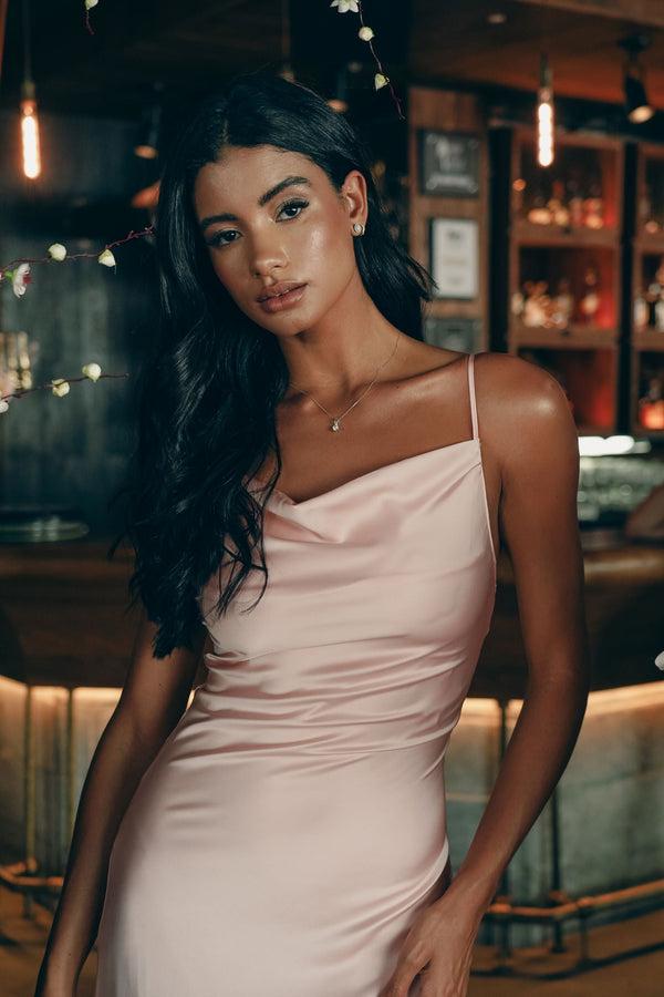 Lace & Beads Satin Maxi Dress With Cowl Neck