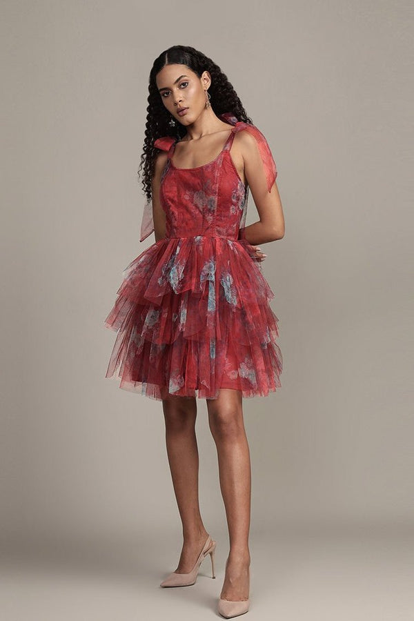 Lace & Beads Sava Mini Dress In Red Print