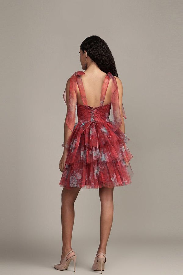 Lace & Beads Sava Mini Dress In Red Print