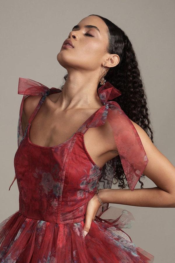 lace & beads Sava Mini Dress in Red Print