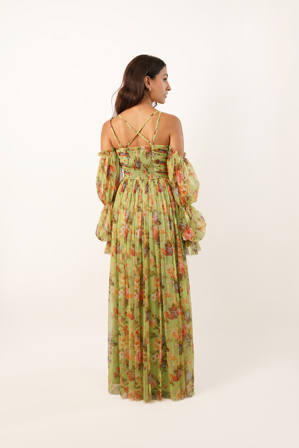 Lace & Beads Saylor Green Printed Maxi Dress