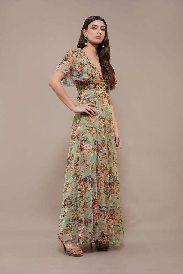Lace & Beads Shelby Maxi Dress In Light Green Floral