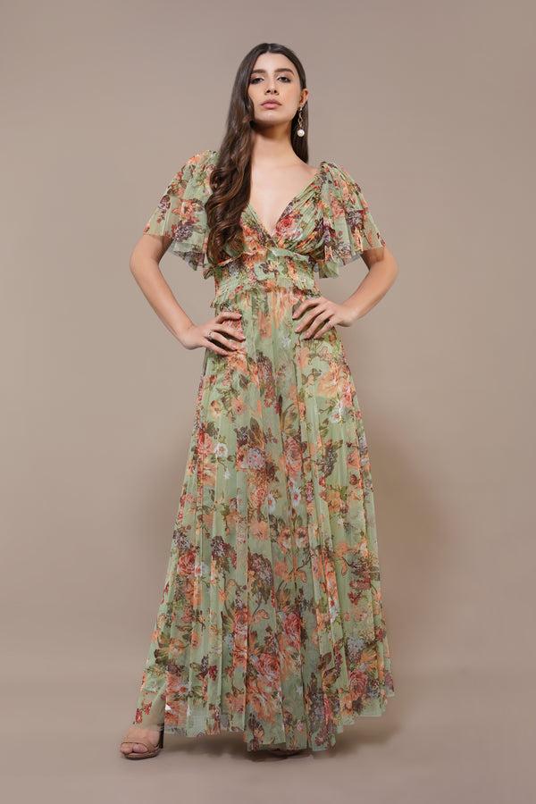 lace & beads Shelby Maxi Dress in Light Green Floral