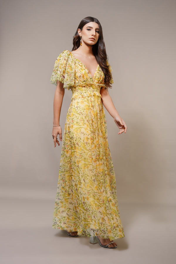 Lace & Beads Shelby Yellow Printed Maxi Dress