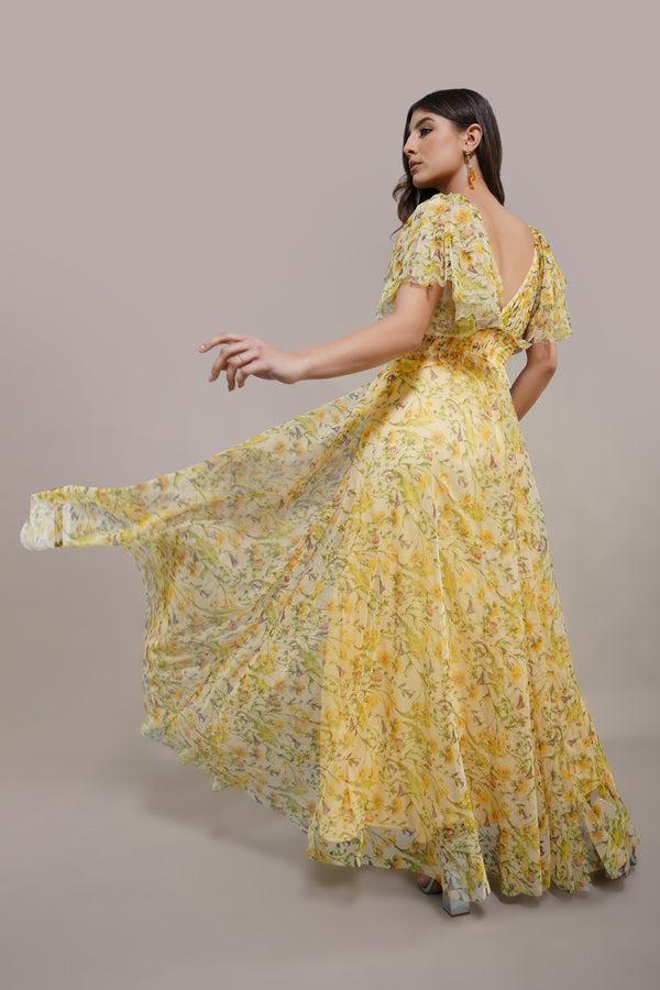 Lace & Beads Shelby Yellow Printed Maxi Dress