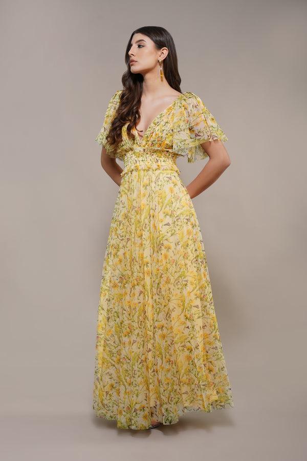 Lace & Beads Shelby Yellow Printed Maxi Dress