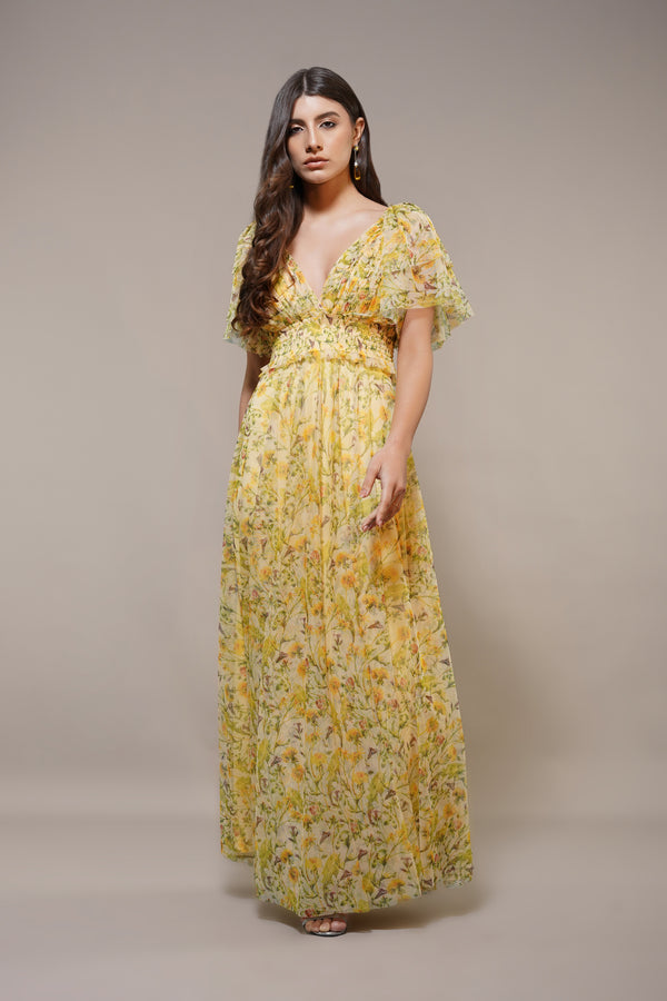 lace & beads Shelby Yellow Printed Maxi Dress