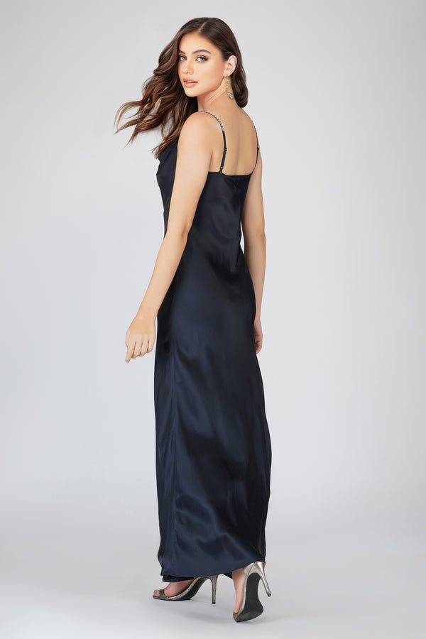 Lace & Beads Sienna Navy Blue Satin Maxi Dress