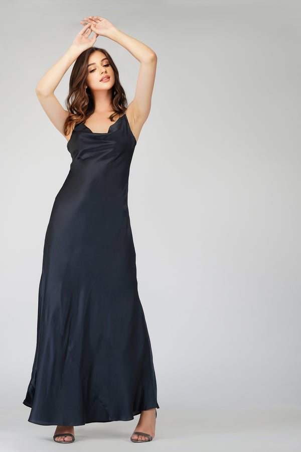 Lace & Beads Sienna Navy Blue Satin Maxi Dress