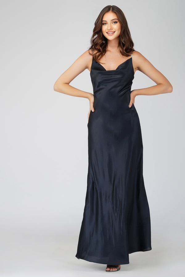 Lace & Beads Sienna Navy Blue Satin Maxi Dress