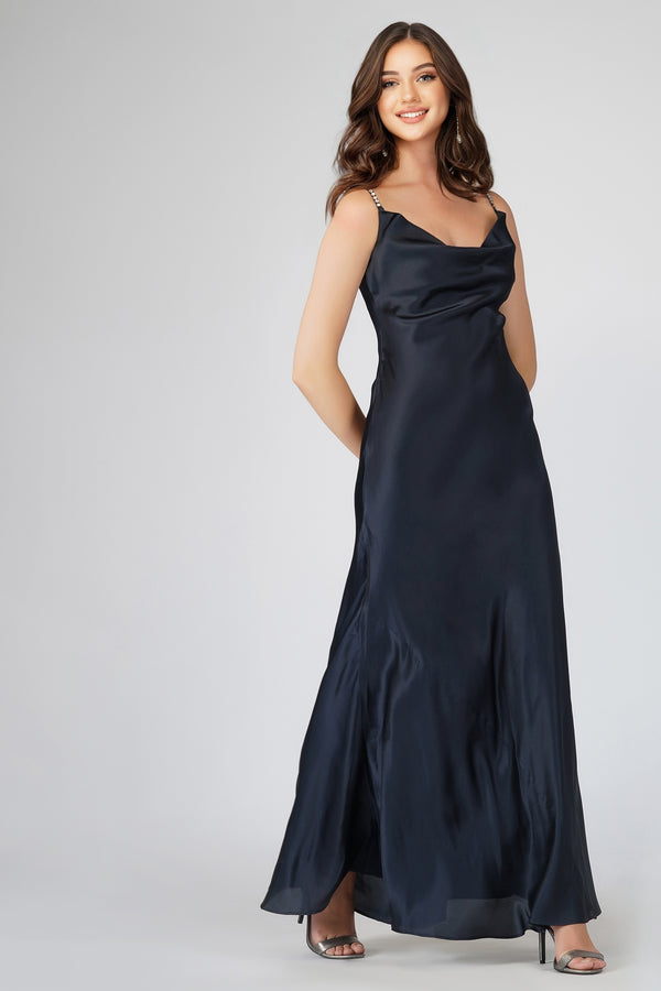 lace & beads Sienna Navy Blue Satin Maxi Dress
