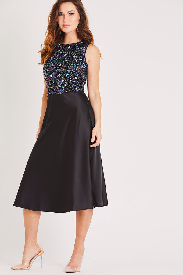 Lace & Beads Sophie Black Satin Midi Skirt