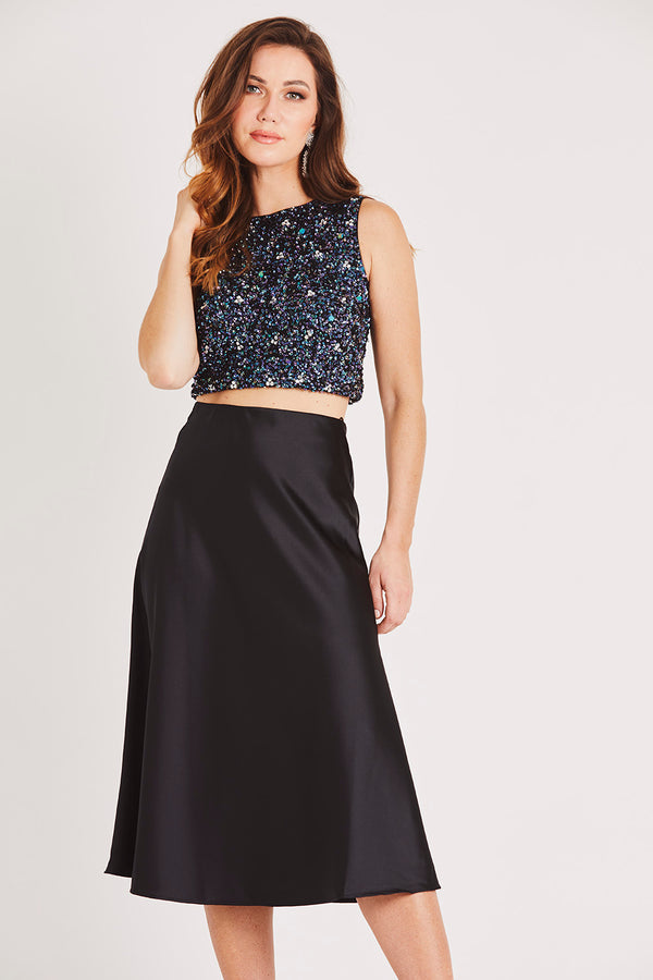 Lace & Beads Sophie Black Satin Midi Skirt