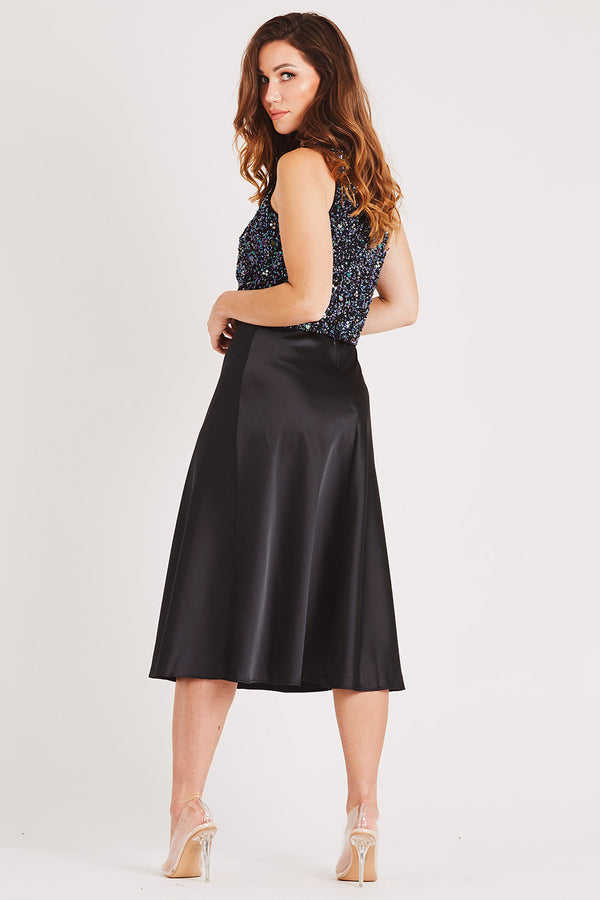 Lace & Beads Sophie Black Satin Midi Skirt