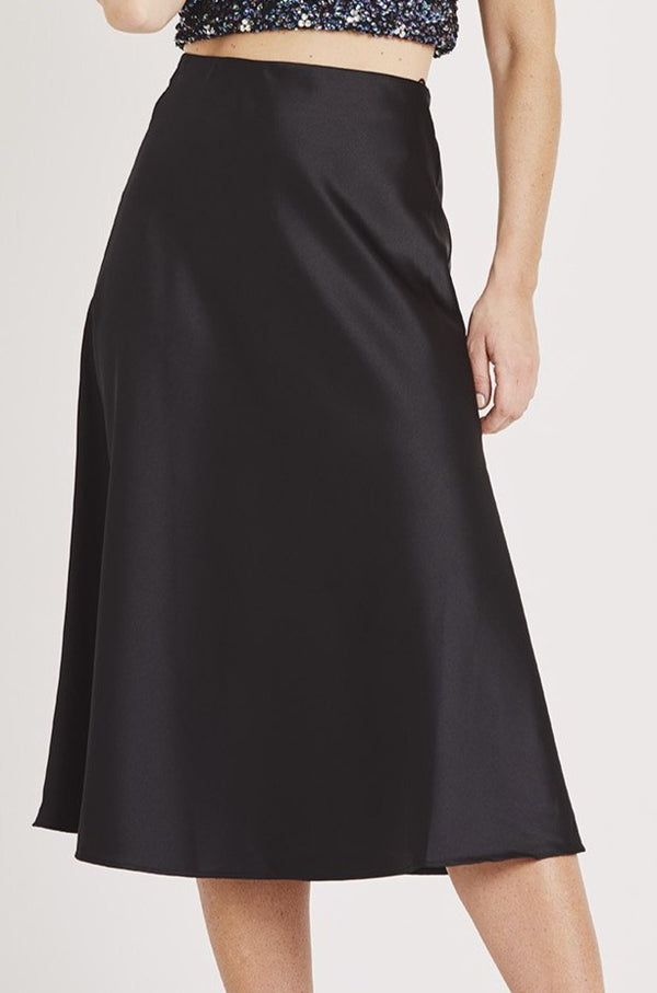 lace & beads Sophie Black Satin Midi Skirt