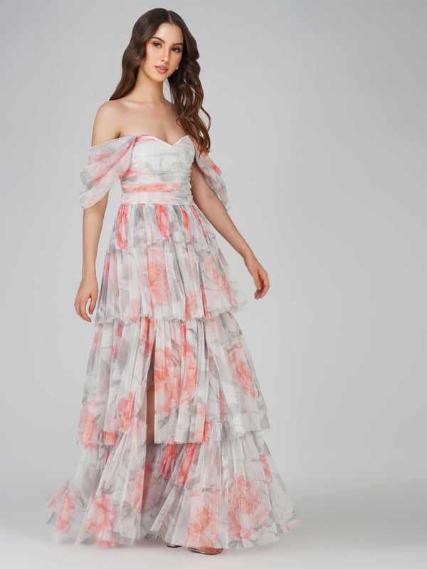 Lace & Beads Sydney Tulle Maxi Dress In Peach Floral