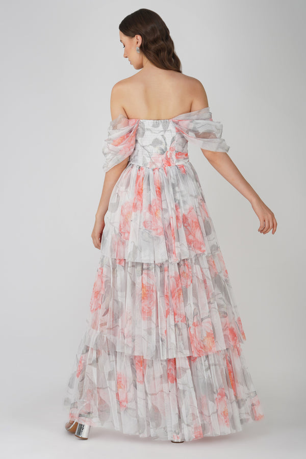 Lace & Beads Sydney Tulle Maxi Dress In Peach Floral