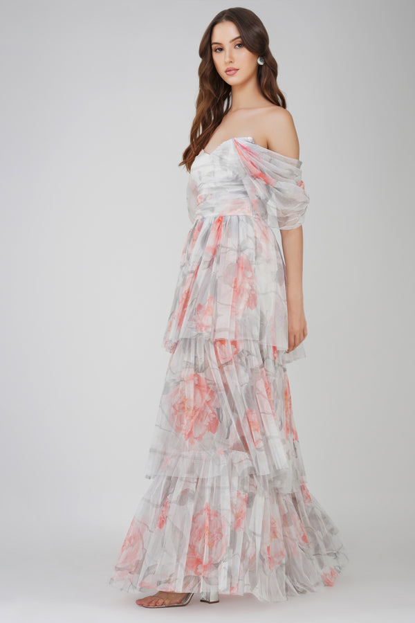 lace & beads Sydney Tulle Maxi Dress in Peach Floral