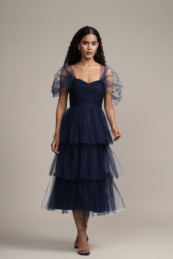 Lace & Beads Sydney Tulle Midi Dress In Navy