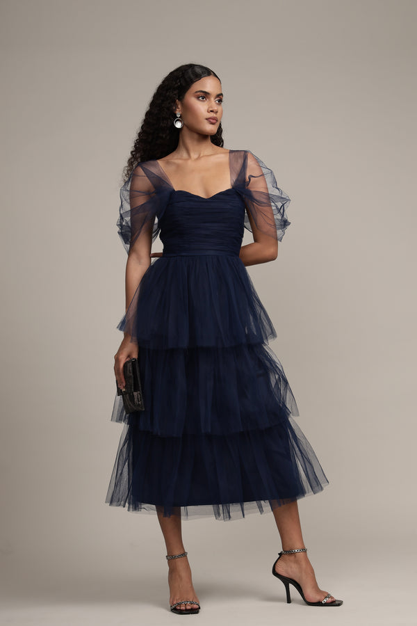 Lace & Beads Sydney Tulle Midi Dress In Navy