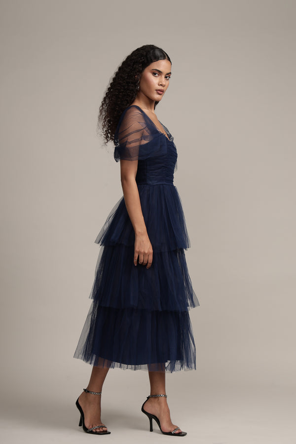 Lace & Beads Sydney Tulle Midi Dress In Navy