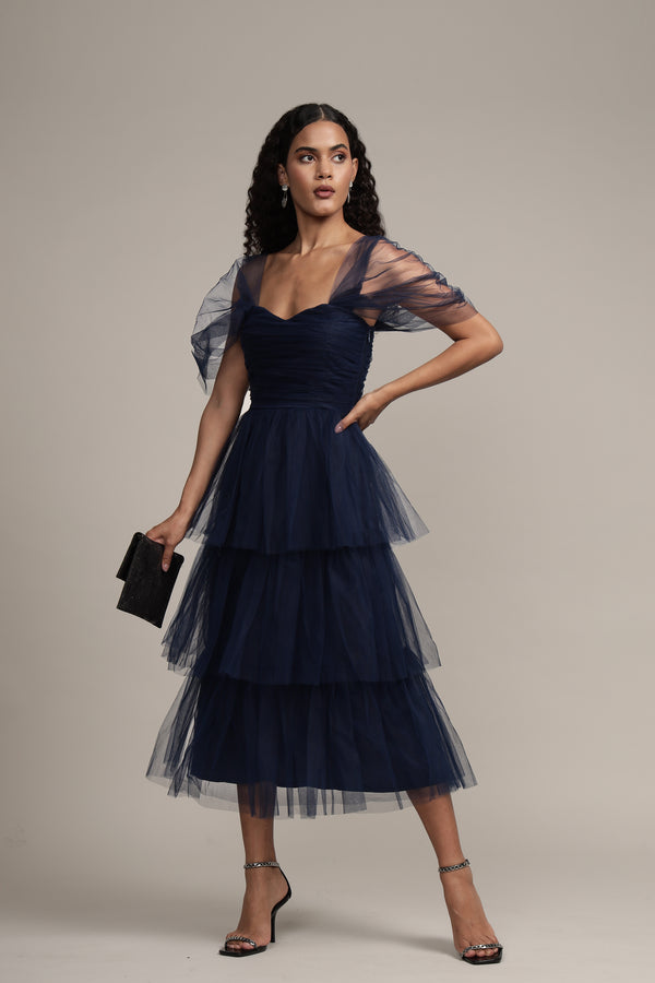 lace & beads Sydney Tulle Midi Dress in Navy