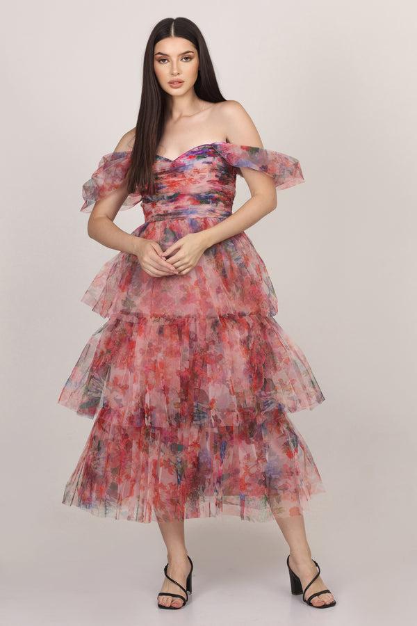 Lace & Beads Sydney Tulle Midi Dress In Rose Floral