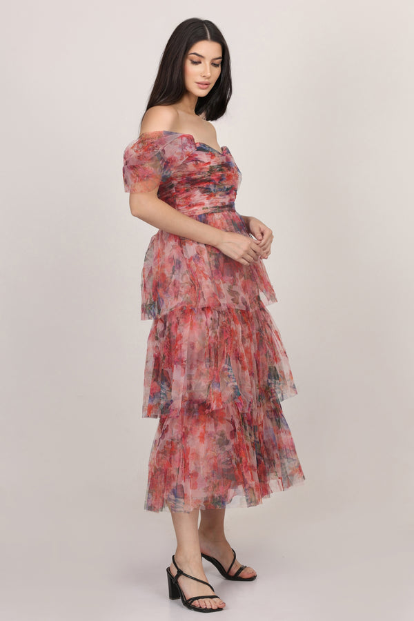 Lace & Beads Sydney Tulle Midi Dress In Rose Floral