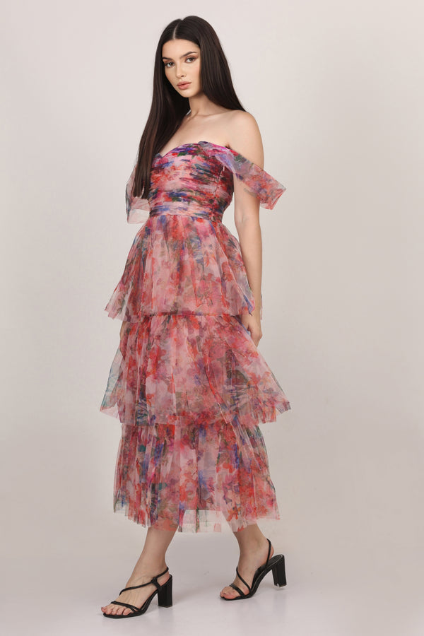 lace & beads Sydney Tulle Midi Dress in Rose Floral