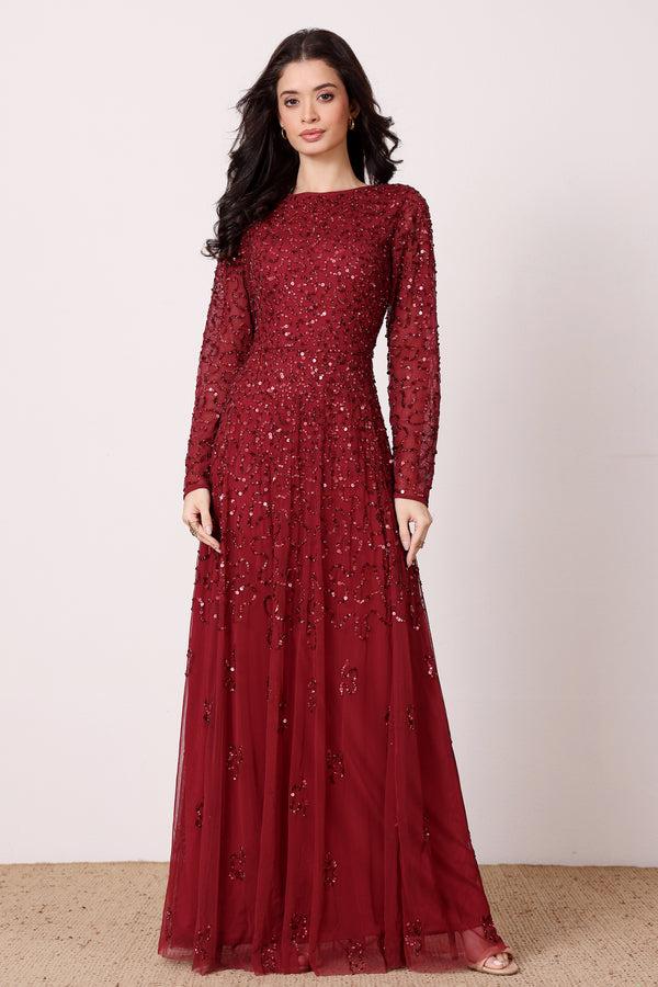 Lace & Beads Sylvia Embellished Maxi Dress In Berry