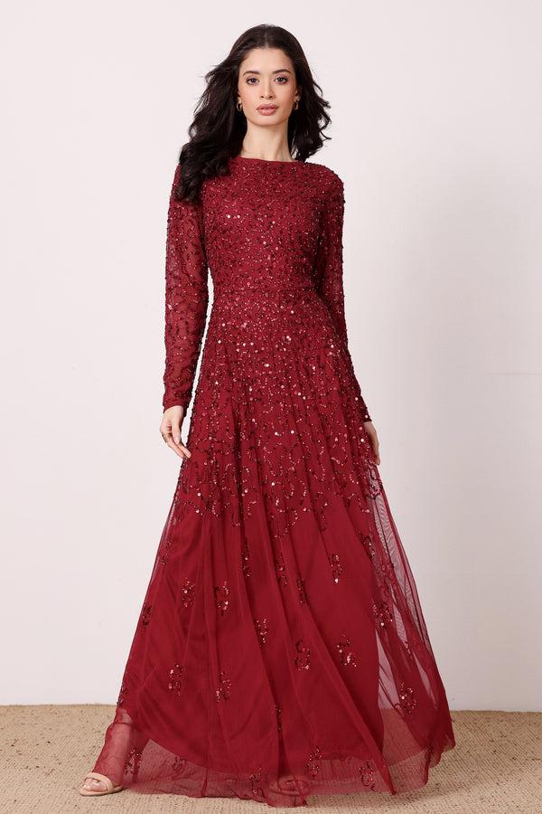 Lace & Beads Sylvia Embellished Maxi Dress In Berry