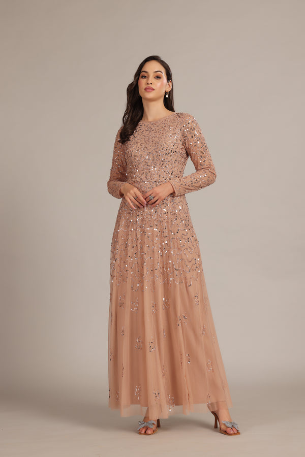 Lace & Beads Sylvia Maxi Dress In Mink