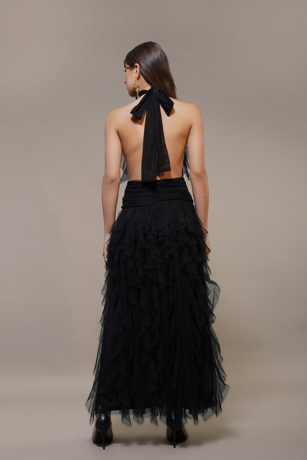 Lace & Beads Tabitha Maxi Ruffle Dress In Black